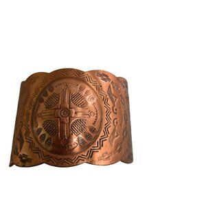 Vintage 1970s Solid Copper Etched Southwestern Cuff Bracelet One Size Adjustable